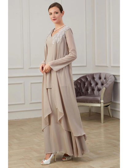 A-Line Mother of the Bride Dress Wedding Guest Elegant Jewel Neck Floor Length Chiffon Long Sleeve Jacket Dresses with Appliques