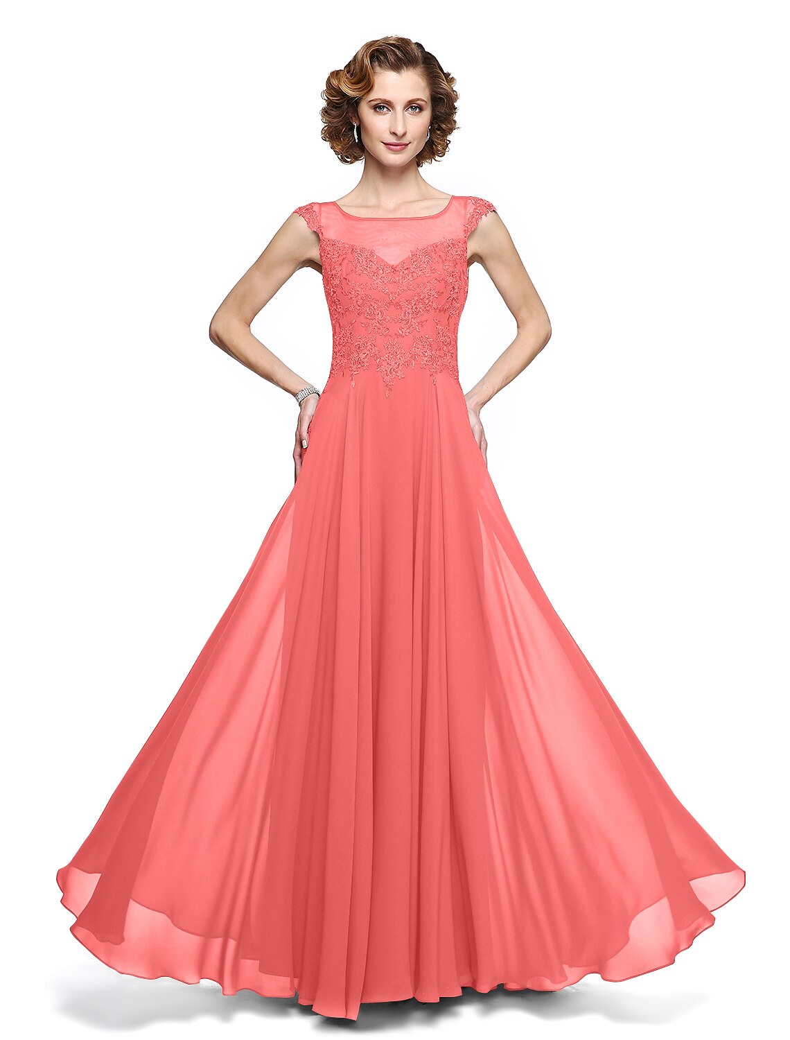 A-Line Mother of the Bride Dress Elegant Jewel Neck Ankle Length Chiffon Lace Sleeveless with Appliques