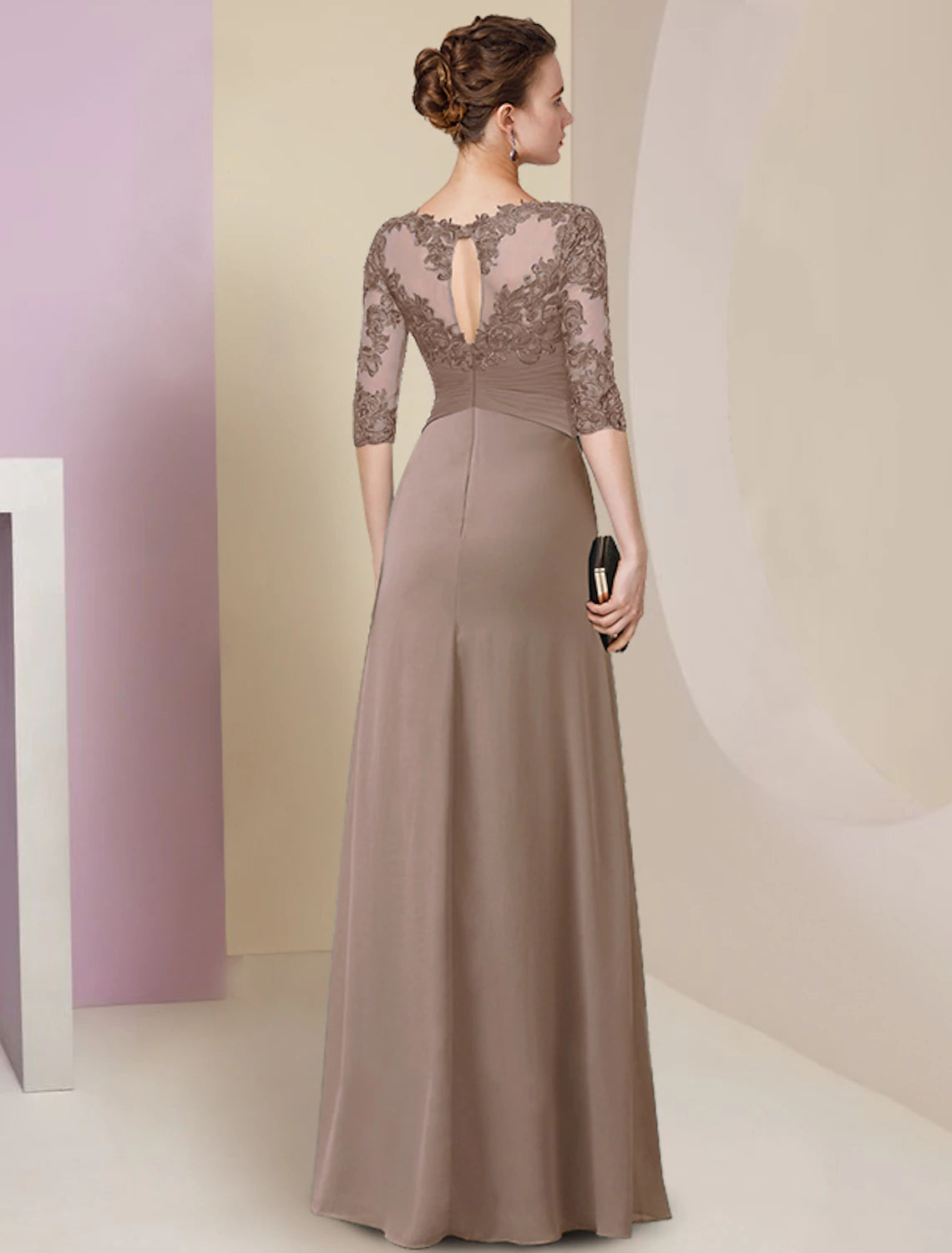 Sheath / Column Mother of the Bride Dress Simple Elegant Jewel Neck Floor Length Chiffon Lace Half Sleeve with Pleats Solid