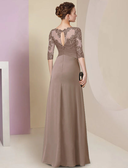 Sheath / Column Mother of the Bride Dress Simple Elegant Jewel Neck Floor Length Chiffon Lace Half Sleeve with Pleats Solid