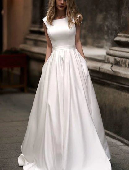 Hall Casual Wedding Dresses A-Line Scoop Neck Cap Sleeve Court Train Satin Bridal Gowns With Pleats Summer Fall Wedding Party