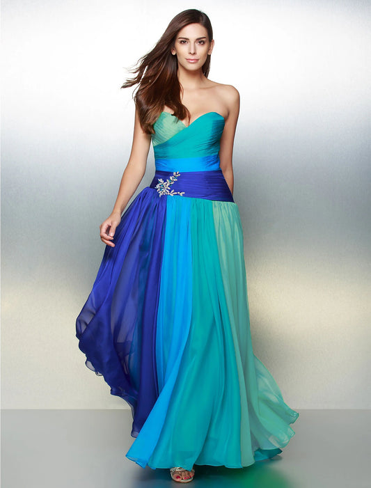 A-Line Color Block Dress Wedding Guest Prom Floor Length Sleeveless Sweetheart Chiffon Backless with Ruched Crystals