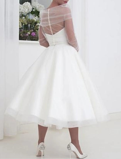 Reception Vintage 1940s / 1950s Little White Dresses Wedding Dresses A-Line Off Shoulder Long Sleeve Tea Length Tulle Bridal Gowns With Pleats