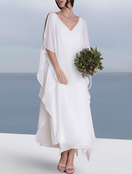 Beach Little White Dresses Wedding Dresses A-Line V Neck Half Sleeve Tea Length Chiffon Bridal Gowns With Solid Color