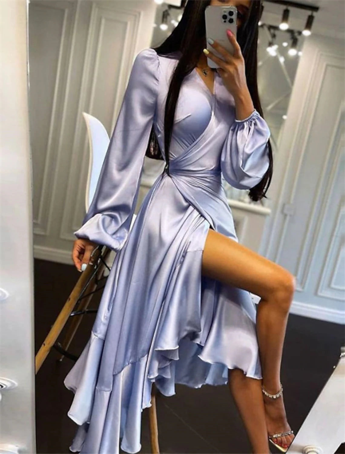 A-Line Wedding Guest Dresses High Low Dress Party Wear Semi Formal Asymmetrical Long Sleeve V Neck Satin with Ruffles