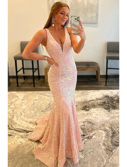 Mermaid / Trumpet Prom Dresses Sparkle & Shine Dress Formal Prom Sweep / Brush Train Sleeveless V Neck Sequined Backless with Sequin