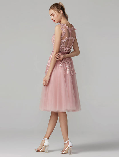 A-Line Cute Dress Cocktail Party Prom Knee Length Sleeveless Illusion Neck Tulle Over Lace with Beading Appliques