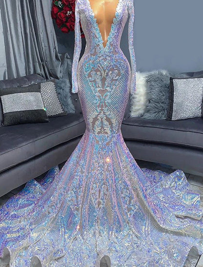 Mermaid / Trumpet Evening Gown Floral Dress Carnival Formal Chapel Train Long Sleeve V Neck African American Sequined with Sequin