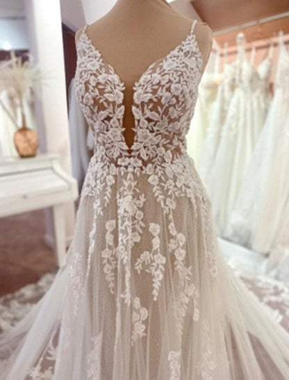 Engagement Open Back Formal Wedding Dresses A-Line Camisole V Neck Spaghetti Strap Chapel Train Lace Bridal Gowns With Appliques