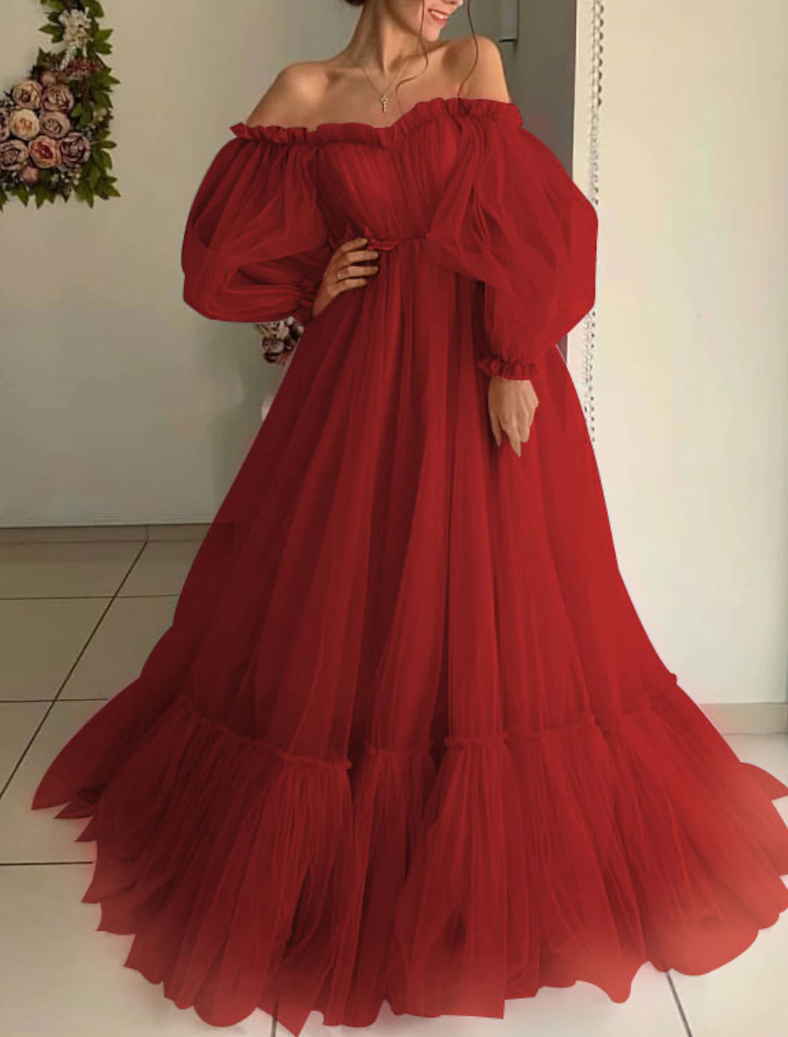 A-Line Minimalist Elegant Engagement Prom Dress Off Shoulder Long Sleeve Floor Length Tulle with Pleats Appliques