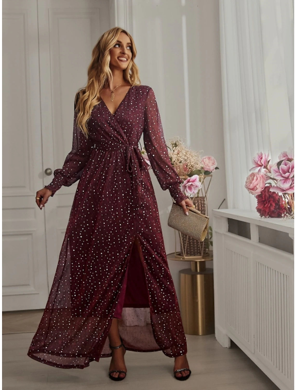 A-Line Party Dresses Sparkle & Shine Dress Birthday Fall Ankle Length Long Sleeve V Neck Chiffon with Glitter Sequin Slit