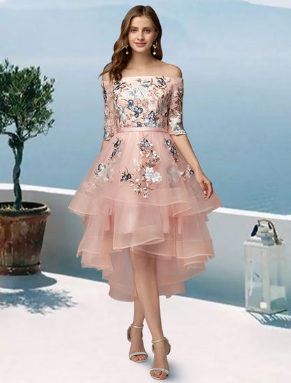 A-Line Prom Dresses Floral Dress Evening Party Wedding Party Asymmetrical Half Sleeve Off Shoulder Satin with Embroidery Appliques