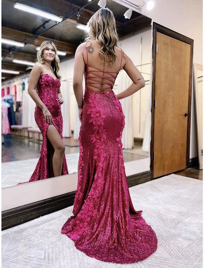 Mermaid / Trumpet Evening Gown Sparkle & Shine Dress Formal Prom Sweep / Brush Train Sleeveless Spaghetti Strap Sequined Backless with Sequin Appliques