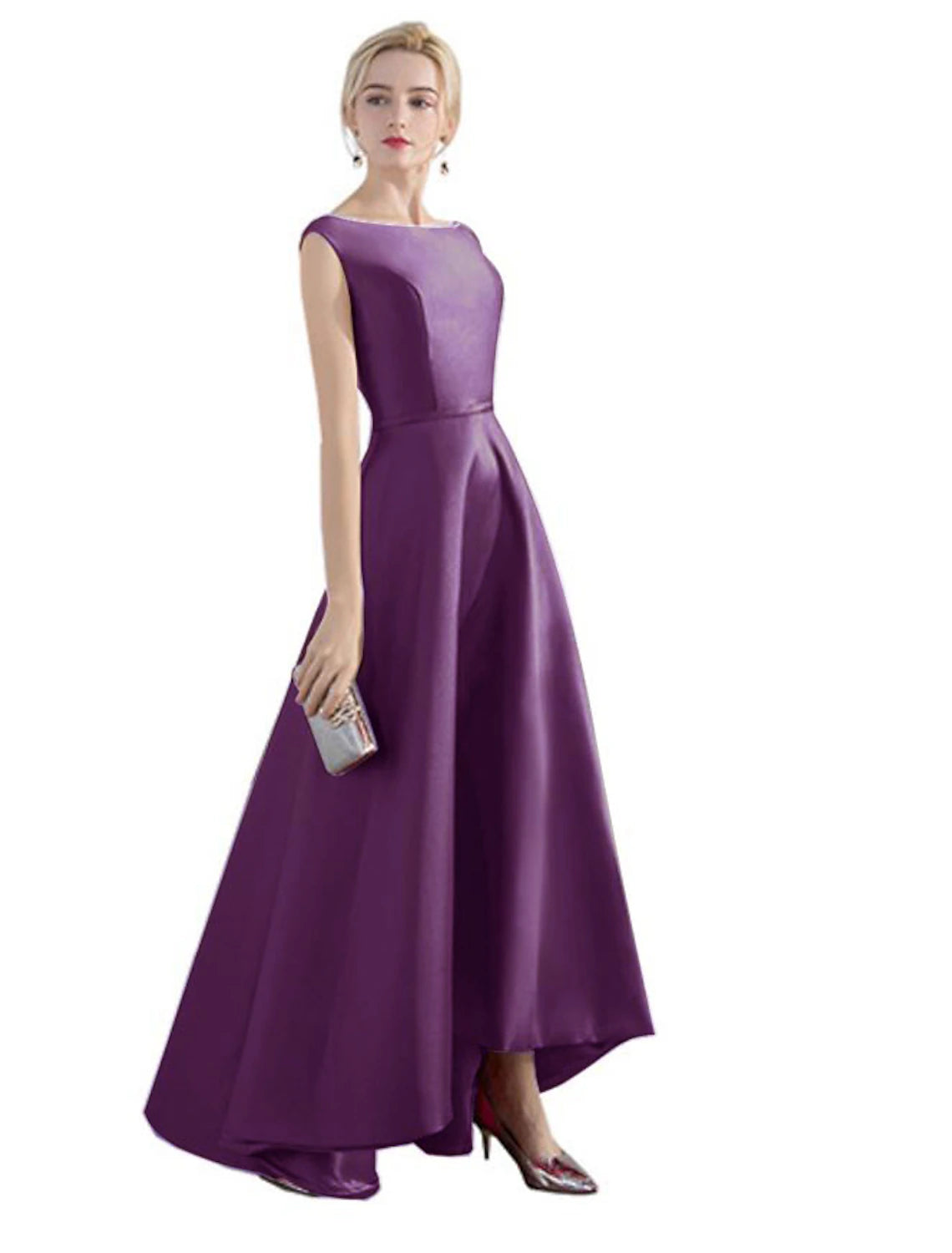 A-Line Evening Gown Minimalist Dress Party Wear Formal Evening Asymmetrical Sleeveless Jewel Neck Satin with Sleek