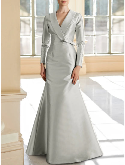 Mermaid / Trumpet Mother of the Bride Dress Wedding Guest Elegant V Neck Floor Length Satin Long Sleeve with Bow(s) Ruching