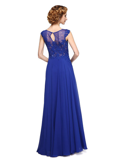 A-Line Mother of the Bride Dress Elegant Jewel Neck Ankle Length Chiffon Lace Sleeveless with Appliques