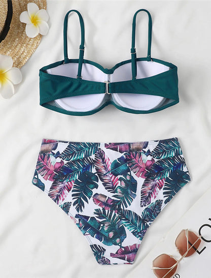 Women's Normal Swimwear Bikini 2 Piece Swimsuit 2 Piece Open Back Sexy Printing High Waisted Floral Leaves Strap Vacation Fashion Bathing Suits