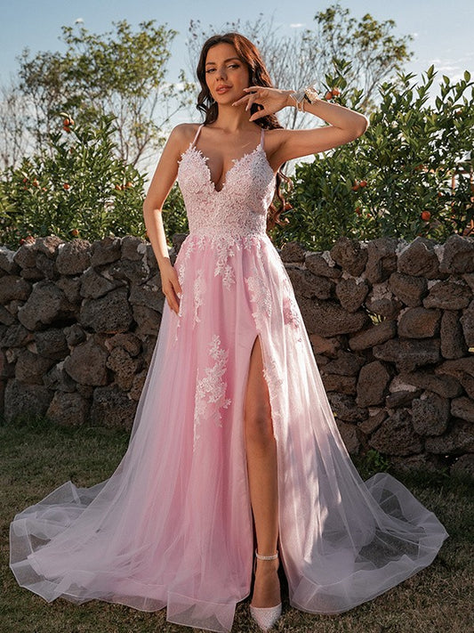 A-Line/Princess Tulle Applique V-neck Sleeveless Sweep/Brush Train Dresses