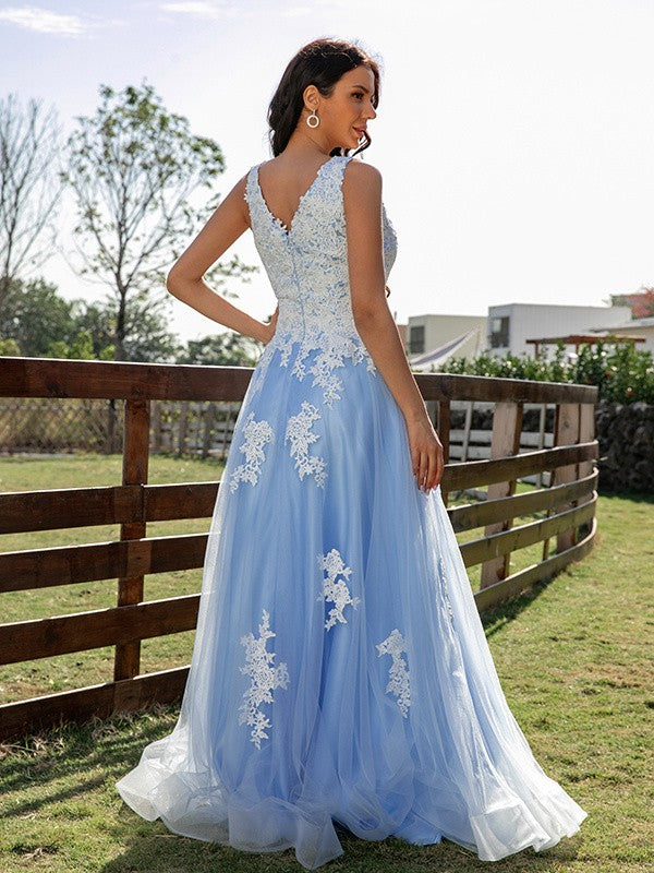 A-Line/Princess Tulle Applique V-neck Sleeveless Sweep/Brush Train Dresses