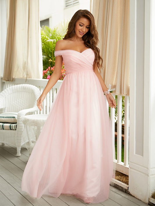 A-Line/Princess Tulle Ruched Off-the-Shoulder Sleeveless Floor-Length Dresses