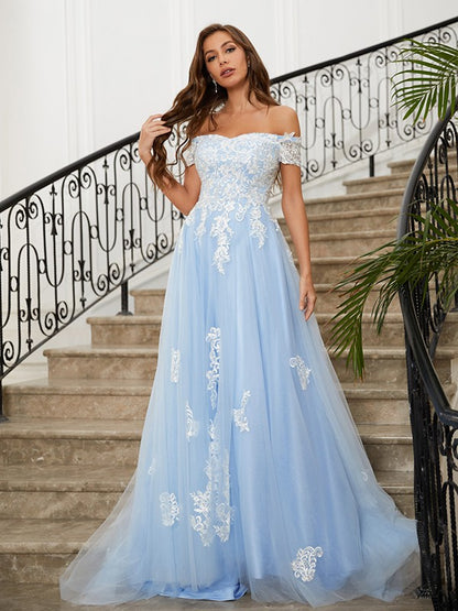 A-Line/Princess Tulle Applique Off-the-Shoulder Sleeveless Sweep/Brush Train Dresses