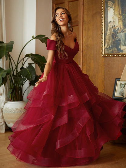 A-Line/Princess Tulle Ruffles Off-the-Shoulder Sleeveless Floor-Length Dresses