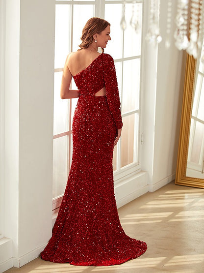 Sheath/Column Velvet Sequins One-Shoulder Long Sleeves Sweep/Brush Train Dresses