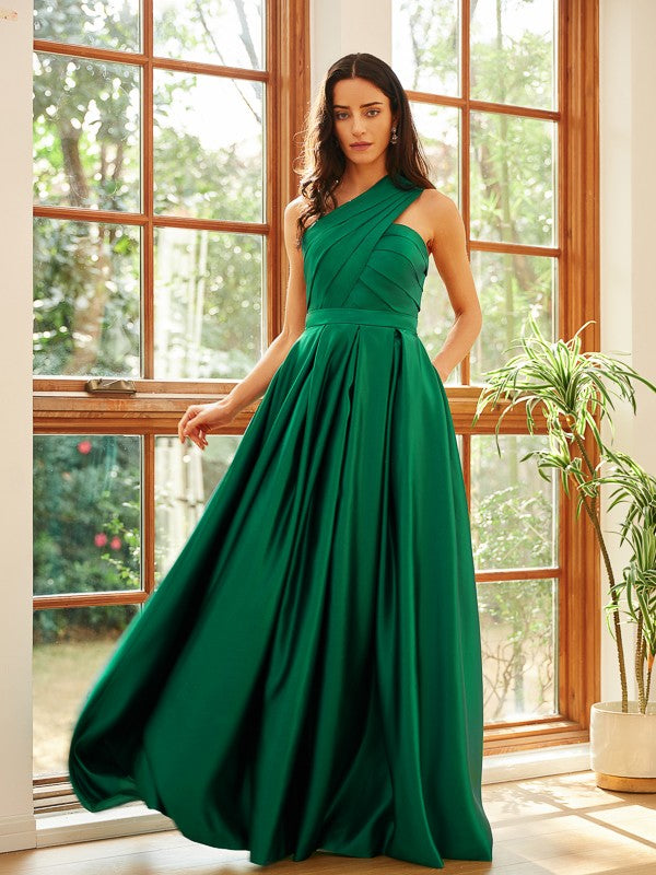 A-Line/Princess Satin Ruched One-Shoulder Sleeveless Floor-Length Dresses