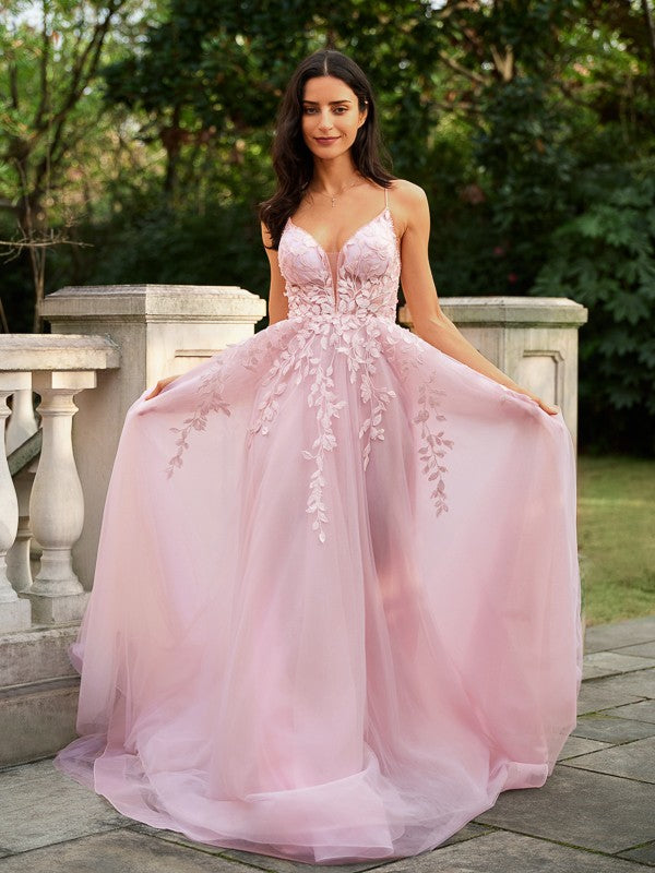 A-Line/Princess Tulle Applique V-neck Sleeveless Court Train Dresses