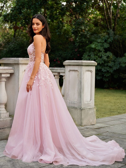 A-Line/Princess Tulle Applique V-neck Sleeveless Court Train Dresses