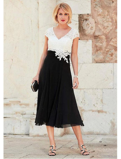 A-Line Mother of the Bride Dress Plus Size V Neck Tea Length Chiffon Lace Short Sleeve with Lace Ruching