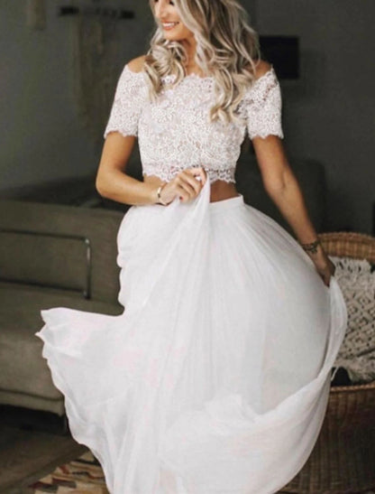 Beach Boho Wedding Dresses Two Piece Off Shoulder Short Sleeve Floor Length Chiffon Bridal Gowns With Pleats