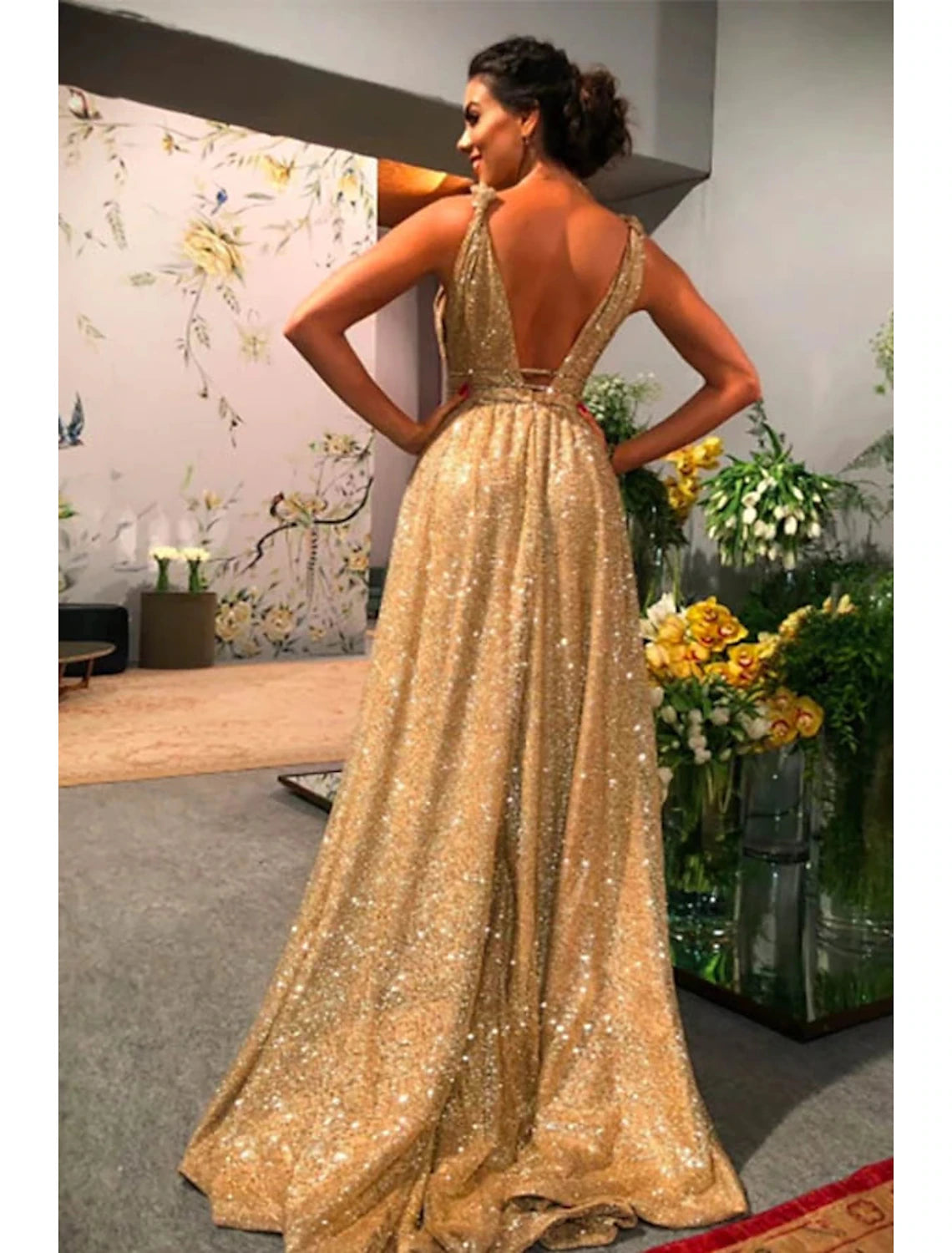 A-Line Prom Dresses Glittering Dress Evening Party Dress Formal Evening Sweep / Brush Train Sleeveless Spaghetti Strap Stretch Satin Backless with Rhinestone