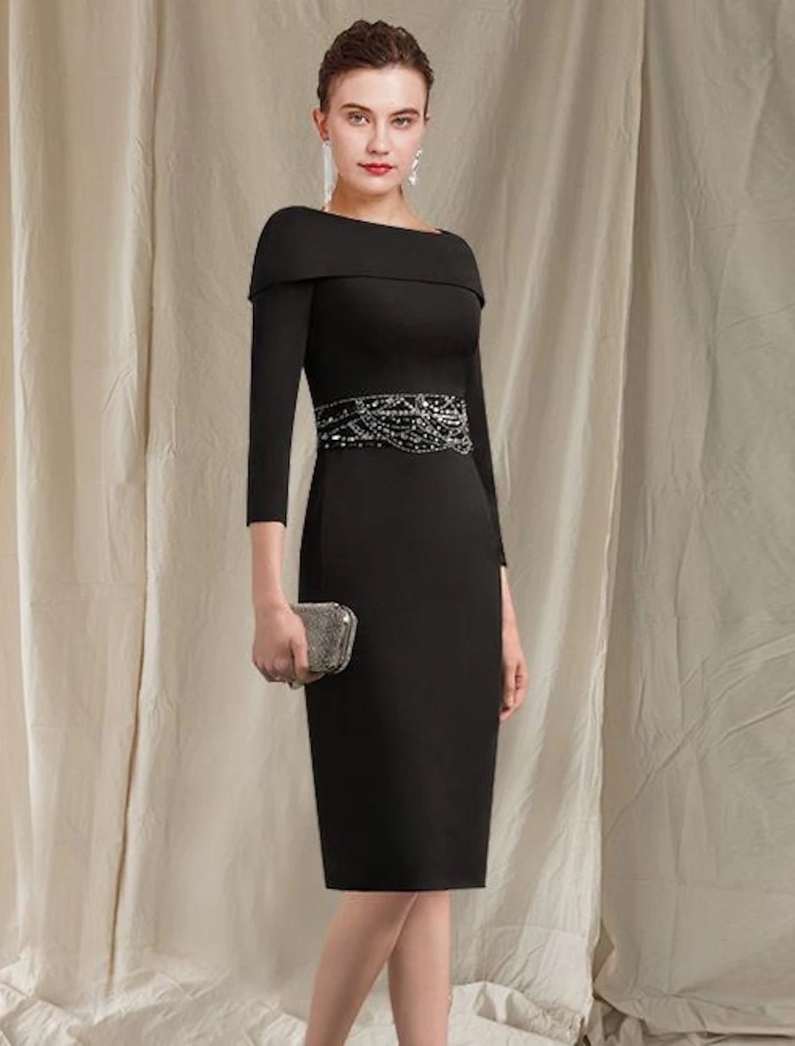 Sheath / Column Mother of the Bride Dress Elegant Jewel Neck Knee Length Stretch Fabric 3/4 Length Sleeve with Beading