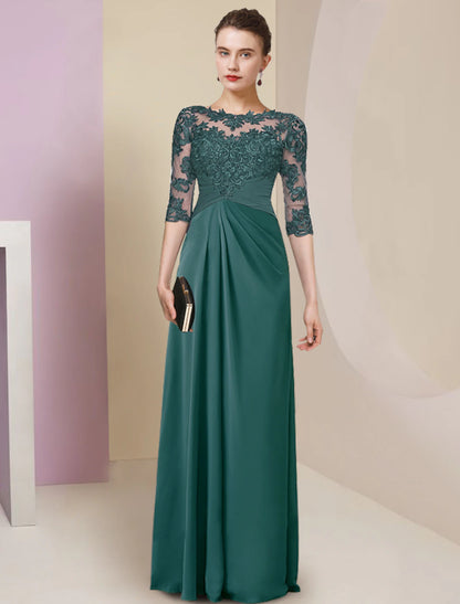 Sheath / Column Mother of the Bride Dress Simple Elegant Jewel Neck Floor Length Chiffon Lace Half Sleeve with Pleats Solid