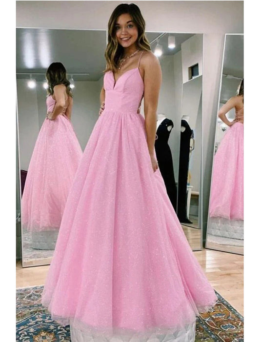 Ball Gown A-Line Prom Dresses Glittering Dress Formal Prom Floor Length Sleeveless V Neck Tulle Backless with Pleats