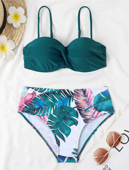 Women's Normal Swimwear Bikini 2 Piece Swimsuit 2 Piece Open Back Sexy Printing High Waisted Floral Leaves Strap Vacation Fashion Bathing Suits