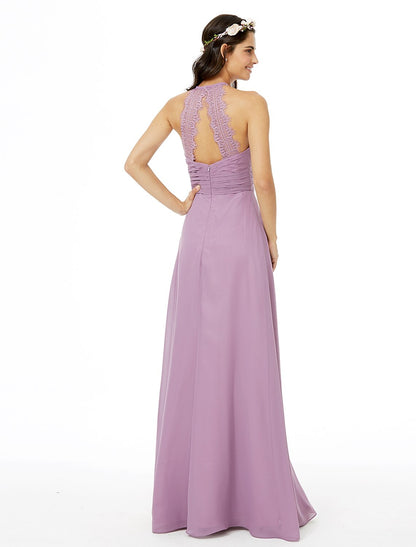 Sheath / Column Bridesmaid Dress Jewel Neck Sleeveless Beautiful Back Floor Length Chiffon with Lace / Sash / Ribbon / Pleats