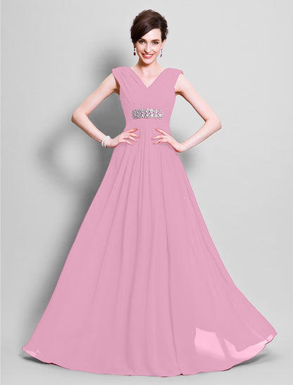 A-Line Mother of the Bride Dress Open Back V Neck Floor Length Chiffon Sleeveless with Beading Side Draping