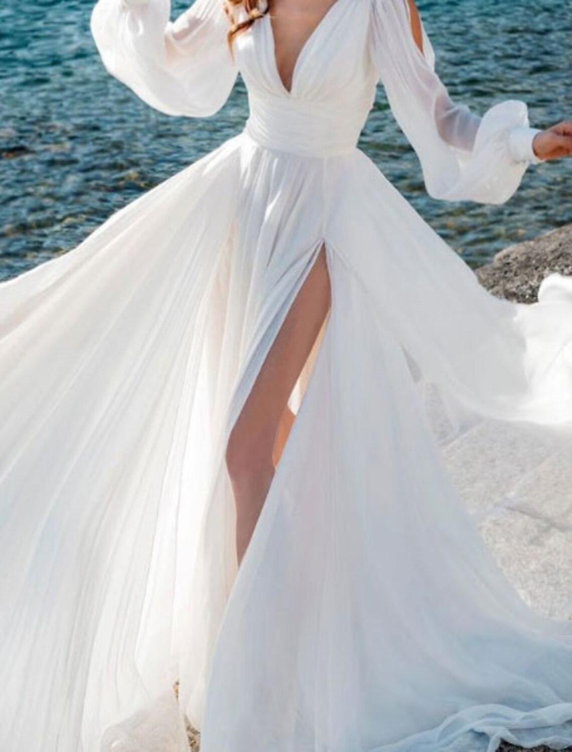 Beach Wedding Dresses A-Line V Neck Long Sleeve Sweep / Brush Train Chiffon Bridal Gowns With Split Front