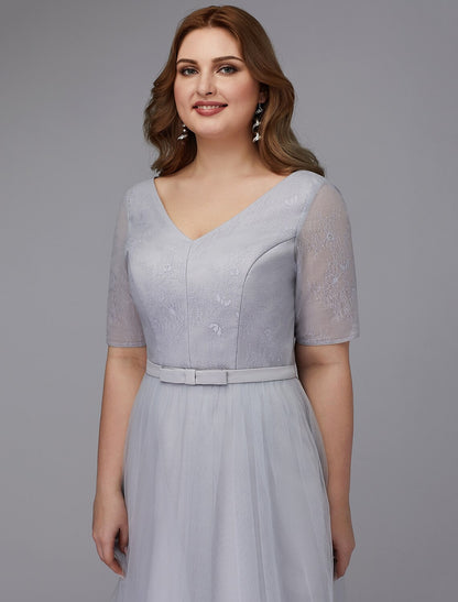 A-Line Elegant Dress Wedding Guest Cocktail Party Tea Length Short Sleeve V Neck Lace Lace-up with Sash / Ribbon