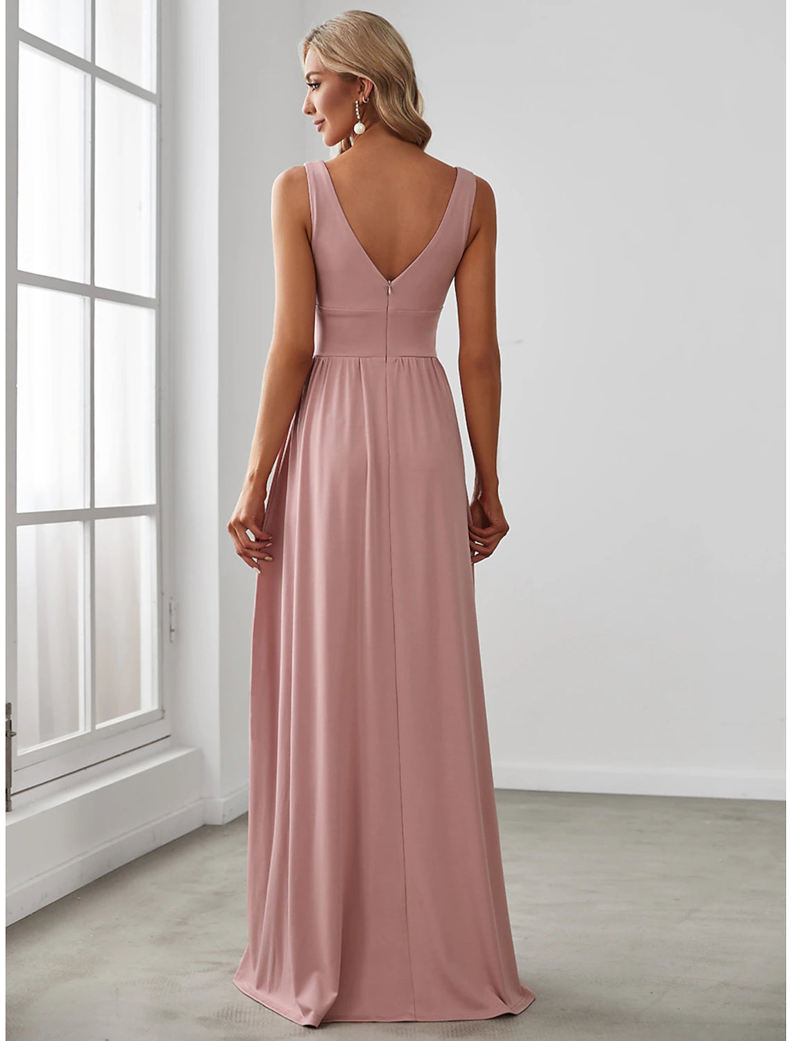 A-Line Prom Party Dress High Split Dress Wedding Guest Formal Evening Floor Length Sleeveless V Neck Bridesmaid Dress Chiffon V Back with Slit