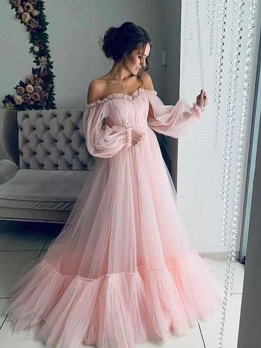 A-Line/Princess Tulle Applique Off-the-Shoulder Long Sleeves Floor-Length Dresses