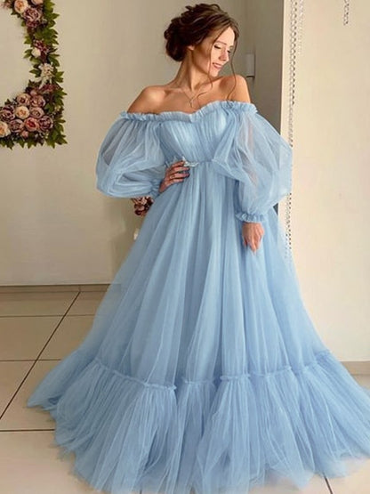 A-Line/Princess Tulle Applique Off-the-Shoulder Long Sleeves Floor-Length Dresses