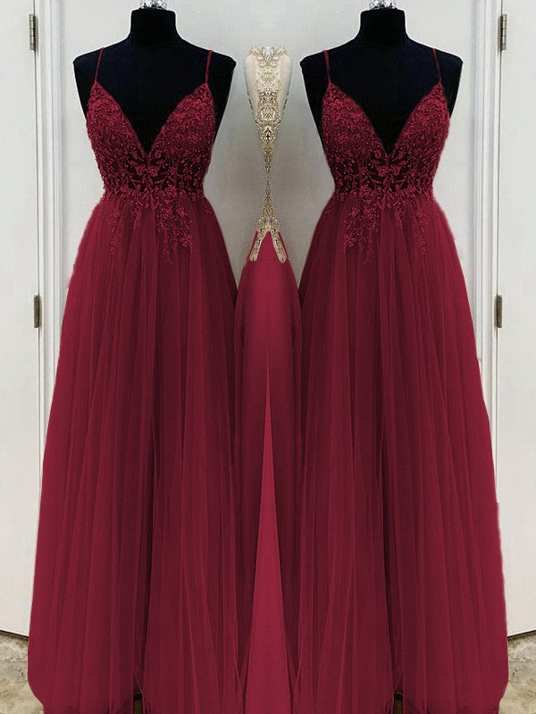 A-Line/Princess Beading Tulle Spaghetti Straps Sleeveless Floor-Length Dresses