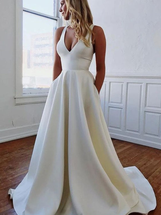 A-Line/Princess V-neck Stretch Crepe Ruffles Sleeveless Sweep/Brush Train Wedding Dresses