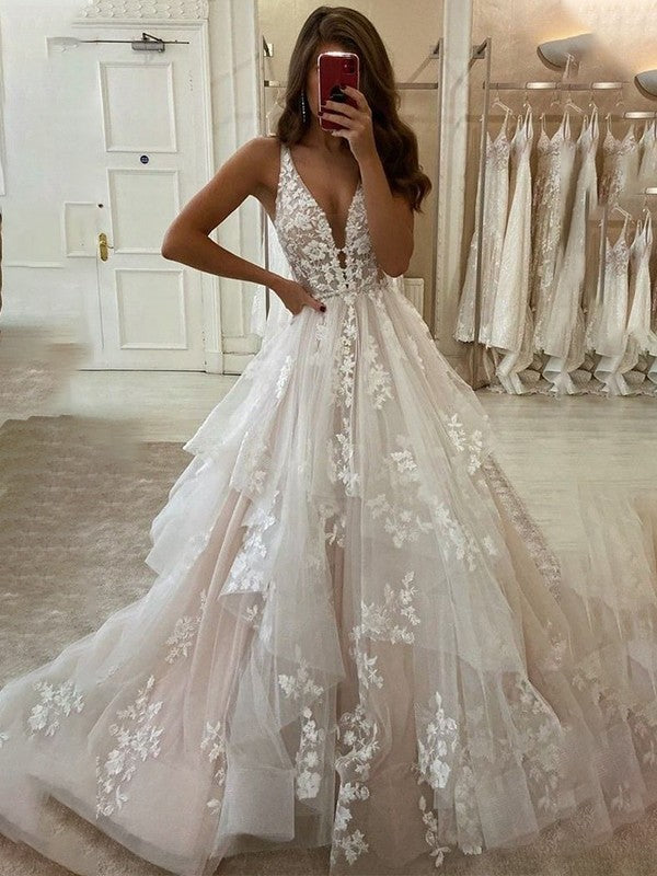 A-Line/Princess Tulle V-neck Sleeveless Applique Floor-Length Wedding Dresses