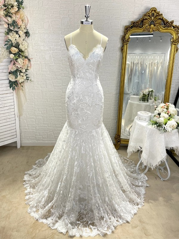 Trumpet/Mermaid V-neck Sleeveless Lace Applique Sweep/Brush Train Wedding Dresses