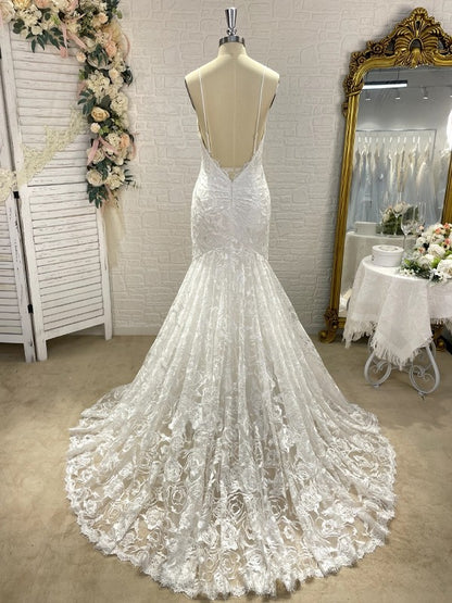 Trumpet/Mermaid V-neck Sleeveless Lace Applique Sweep/Brush Train Wedding Dresses