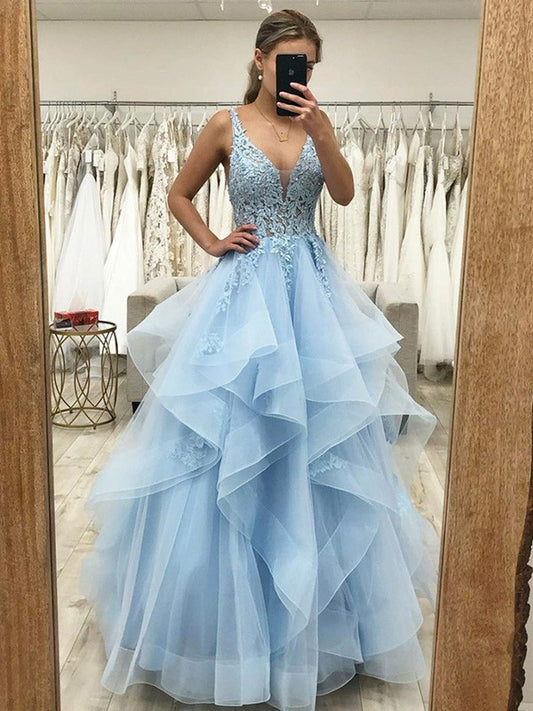 A-Line/Princess Tulle Applique V-neck Sleeveless Floor-Length Dresses